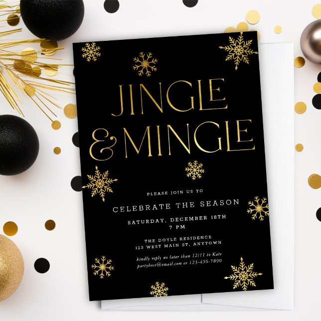 Jingle & Mingle Black Gold Snowflakes Holiday Invitation (Creator Uploaded)