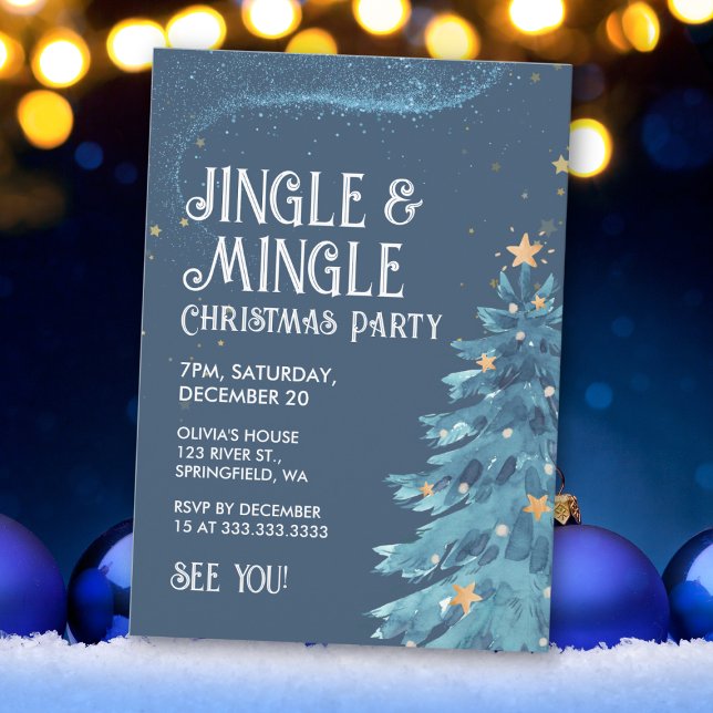 Jingle & Mingle Blue Gold Christmas Party Invitation (Creator Uploaded)