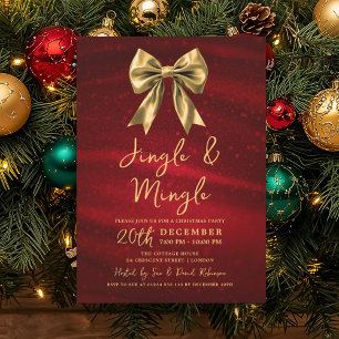 Jingle Mingle Christmas Party Gold Bow Silver Red Invitation