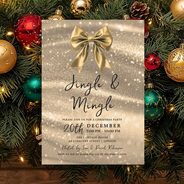 Jingle & Mingle Christmas Party Gold Sparkle Bow  Invitation (Creator Uploaded)