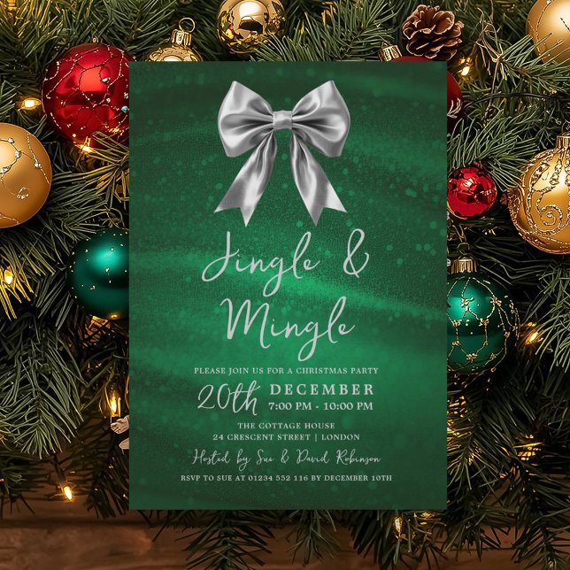 Jingle Mingle Christmas Party Silver Bow Green  Invitation (Jingle Mingle Christmas Party Silver Bow Green Invitation)