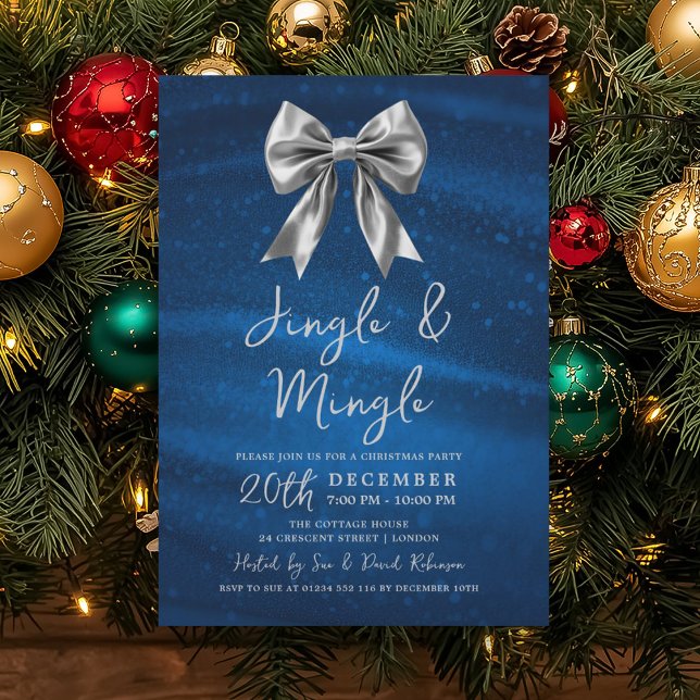 Jingle Mingle Christmas Party Silver Bow Navy  Invitation (Jingle Mingle Christmas Party Silver Bow Navy Invitation)