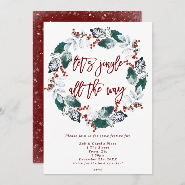 jingle & mingle floral wreath holiday party invitation (Front/Back)