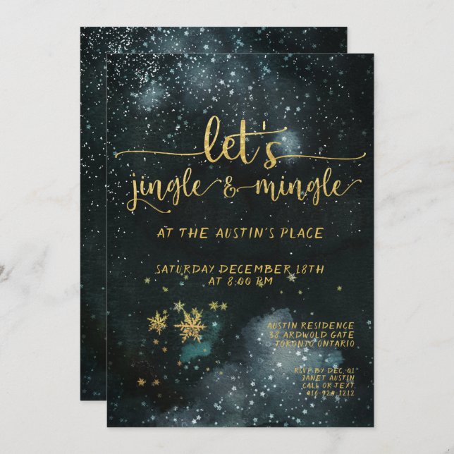 Jingle & Mingle Gold Calligraphy Holiday Party Invitation (Front/Back)