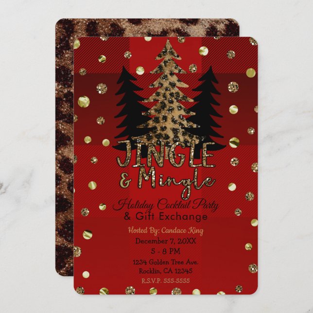 Jingle & Mingle Gold Glam Leopard Christmas Party Invitation (Front/Back)