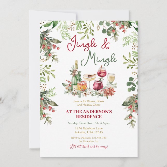 Jingle & Mingle Greenery Cocktail Christmas Dinner Invitation (Front)
