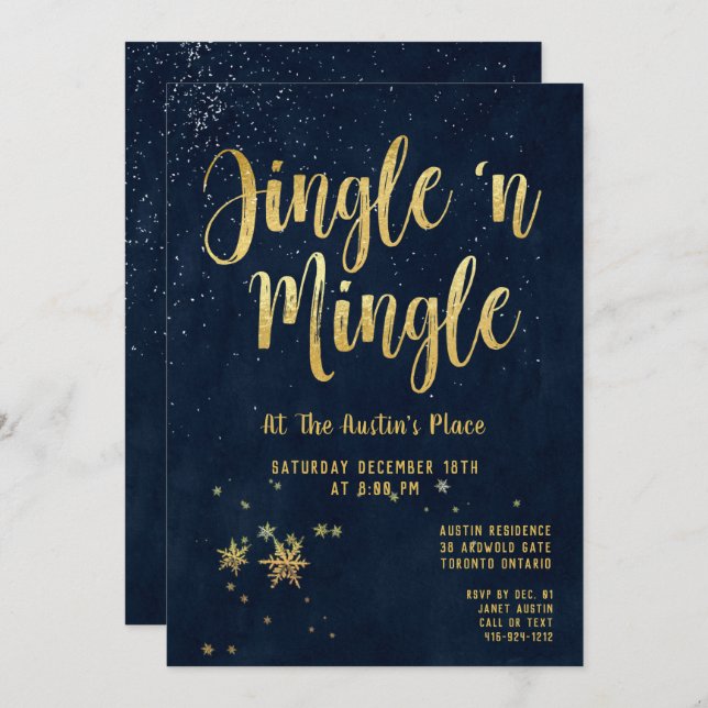 Jingle Mingle Navy Gold Calligraphy Holiday Party Invitation (Front/Back)