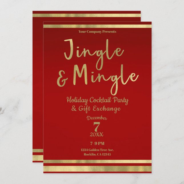 Jingle & Mingle Red Gold Corporate Christmas Party Invitation (Front/Back)