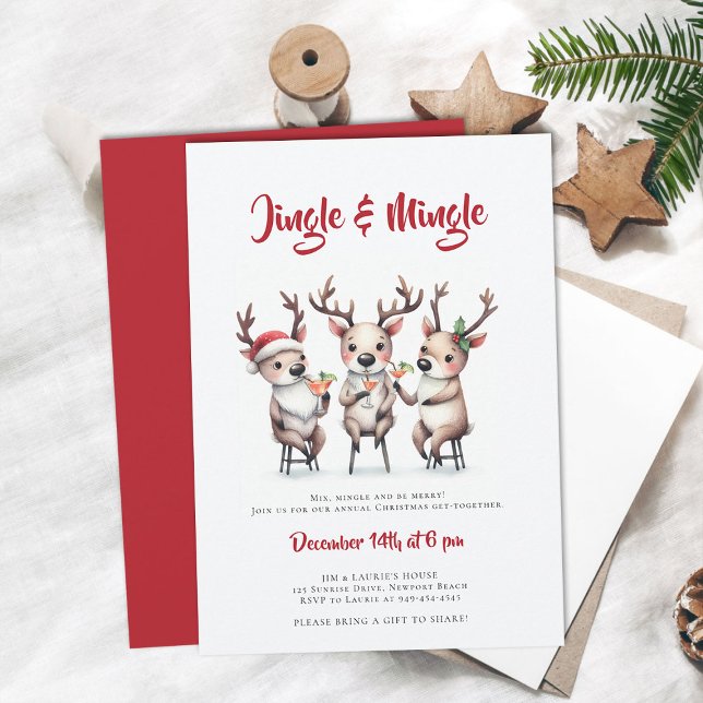 Jingle Mingle Reindeer Cocktails Christmas Party Invitation (jingle mingle christmas party invitation reindeer cocktails mixer annual family holiday funny cute)