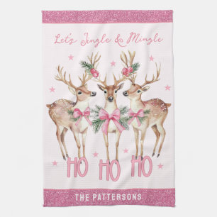 Jingle Mingle Reindeer Custom Name Gift Tea Towel