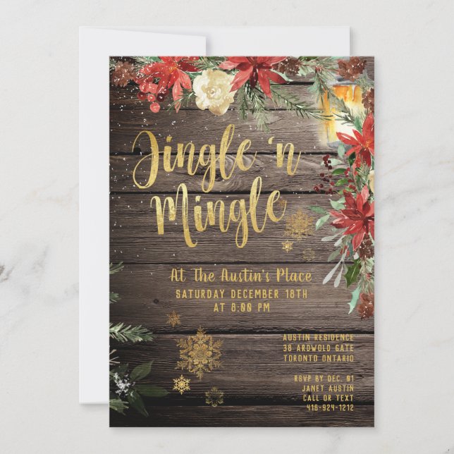 Jingle & Mingle Rustic Gold Calligraphy Party Invitation (Front)