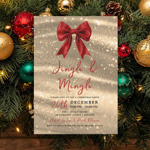 Jingle & Mingle Xmas Party Gold Sparkle Red Bow  Invitation
