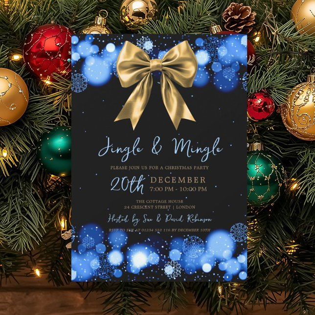 Jingle Mingle Xmas Party Winter Gold Bow Navy  Invitation (Jingle Mingle Xmas Party Winter Gold Bow Navy Invitation)