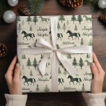 Jingle Neighs” Horse Wrapping Paper | Custom Name<br><div class="desc">Cosy woodland gift wrap featuring dark green horses trotting among evergreen trees with the playful “Jingle Neighs” pun. Add a name for a personalised,  equestrian-themed Christmas look in a neutral green palette.</div>