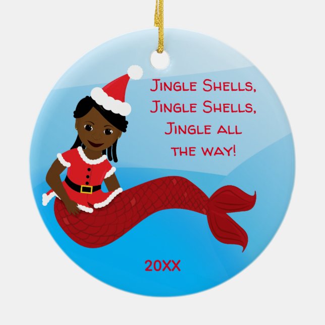 Jingle Shells Mermaid African American Santa Hat Ceramic Ornament (Back)