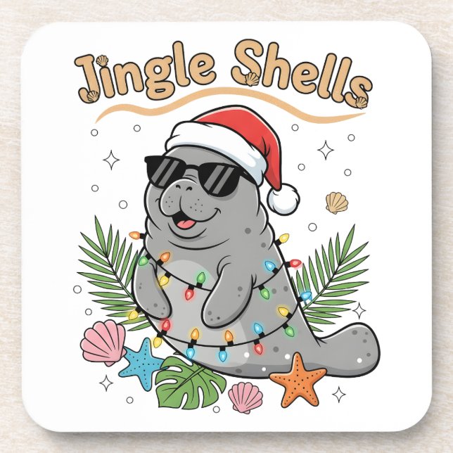 Jingle Shells Tropical Santa Manatee Christmas Coaster (Front)
