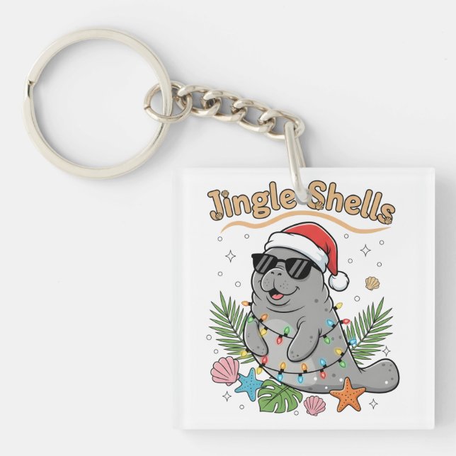 Jingle Shells Tropical Santa Manatee Christmas Key Ring (Front)