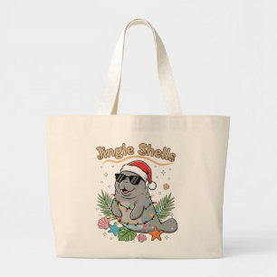 Jingle Shells Tropical Santa Manatee Christmas Large Tote Bag