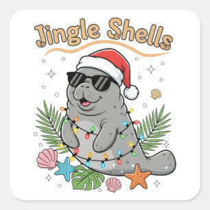Jingle Shells Tropical Santa Manatee Christmas Square Sticker