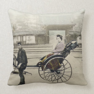 'Jinrikisha' in front of a temple, c.1880 (hand co Cushion