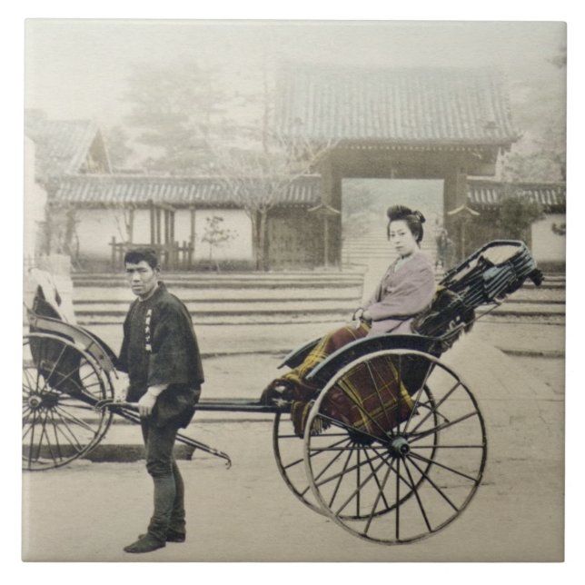 'Jinrikisha' in front of a temple, c.1880 (hand co Tile (Front)