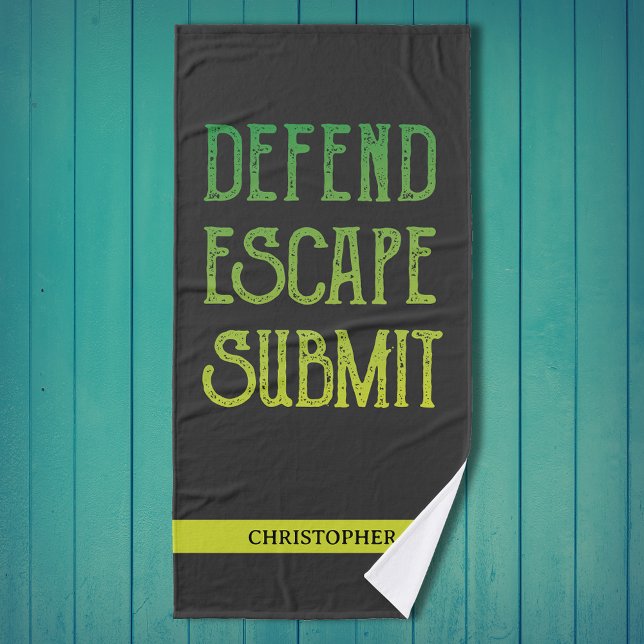 Jiu Jitsu Defend Escape Submit Personalised Bath Towel (Personalized Jiu Jitsu Towel with retro style print.)