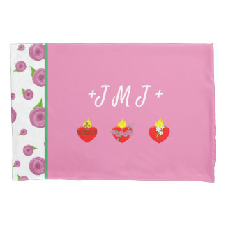 JMJ ~ Jesus Mary Joseph Pink & Green Pillowcase