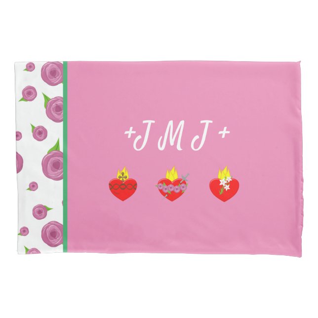 JMJ ~ Jesus Mary Joseph Pink & Green Pillowcase (Front)