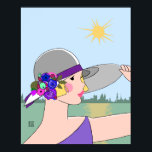 Joanne - Art Deco Portrait in Purple & Blue Poster<br><div class="desc">The lovely blonde Joanne at the waterfront. She wears a purple dress and poses against a hazy backdrop of dusty sea green water, pale blue sky and distant buildings in soft sage green. Her grey hat is adorned with a band of purple and flowers in bright shades of purples, pinks,...</div>