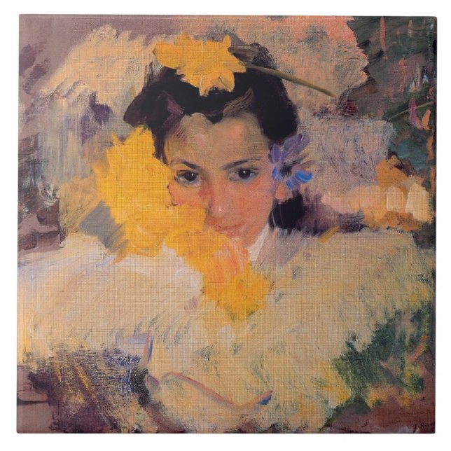 Joaquin Sorolla - Girl with Flowers Ceramic Tile (Front)