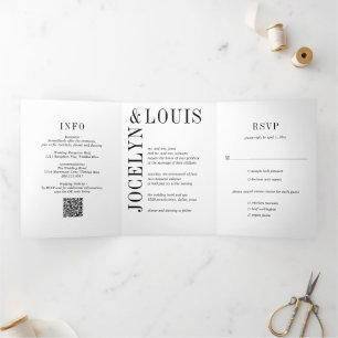 Jocelyn Black and White Modern Wedding Tri-Fold Invitation