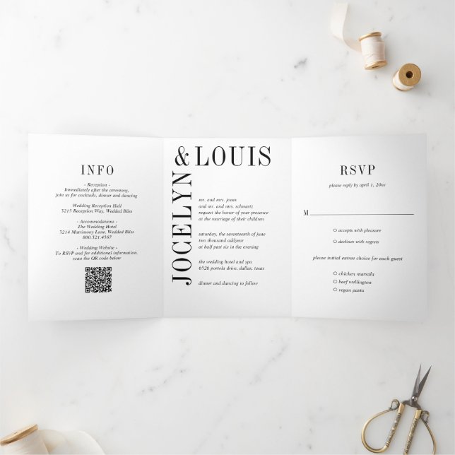 Jocelyn Black and White Modern Wedding Tri-Fold Invitation (Inside)
