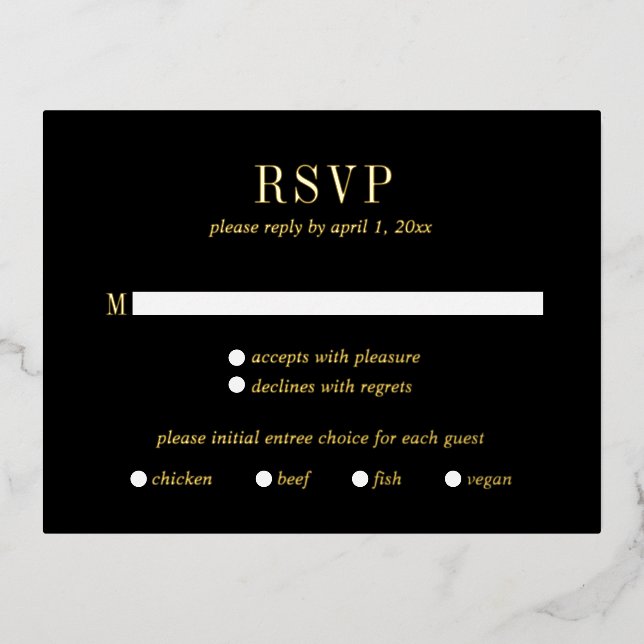Jocelyn Black Modern Wedding RSVP Card (Front)