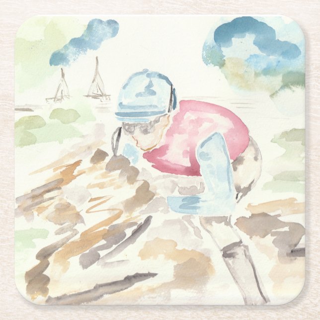 Jockey on Horse Square Paper Coaster (Front)