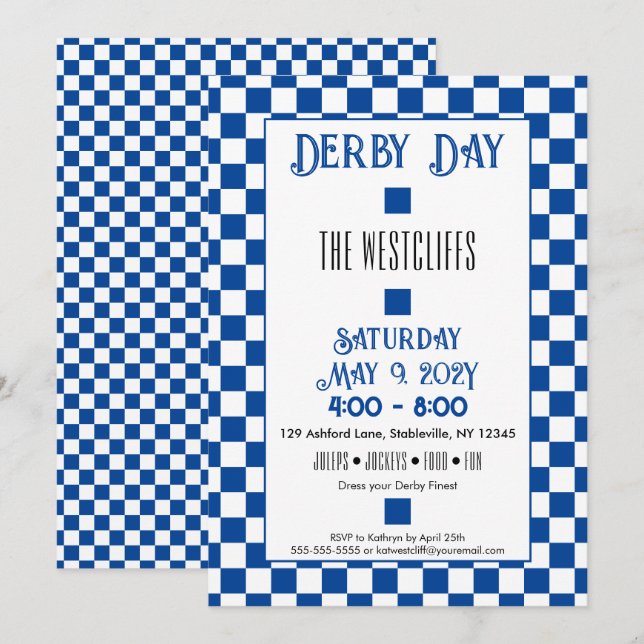 Jockey Silk Blocks Blue and White Derby Invitation (Front/Back)
