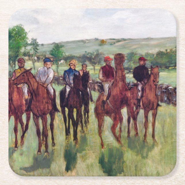 Jockeys and Race Horses, Edgar Degas Square Paper Coaster (Front)