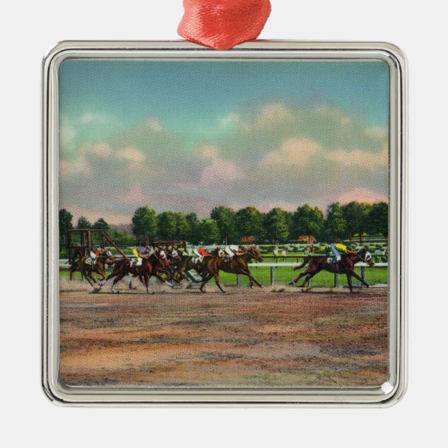 Jockeys Finishing Horse Race at Race Track Metal Ornament (Front)