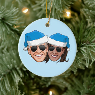 Joe and Kamala Blue Christmas Ceramic Ornament