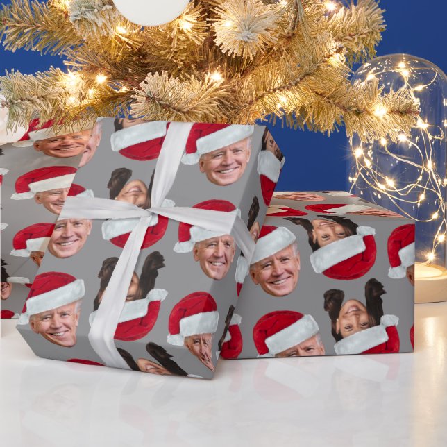 Joe and Kamala Santa Hat Funny Christmas Silver Wrapping Paper (Holidays)