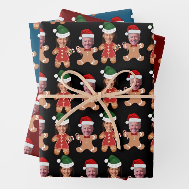 Joe Biden Kamala Harris Custom Face Gingerbread Wrapping Paper Sheet (In situ)