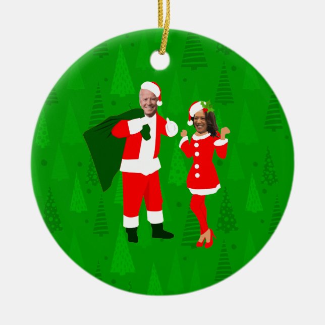 joe biden santa kamala harris christmas trees ceramic ornament (Front)