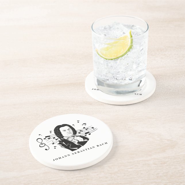 Johann Sebastian Bach Portrait and Bust with Notes Coaster (Side)