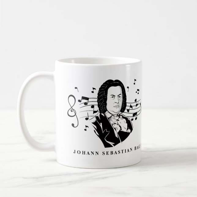 Johann Sebastian Bach Portrait and Bust with Notes Coffee Mug (Left)