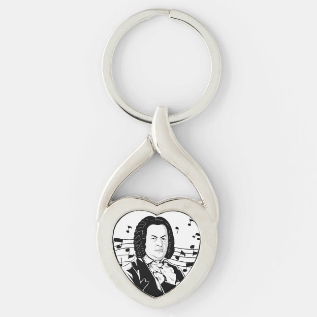 Johann Sebastian Bach Portrait and Bust with Notes Key Ring (Front)