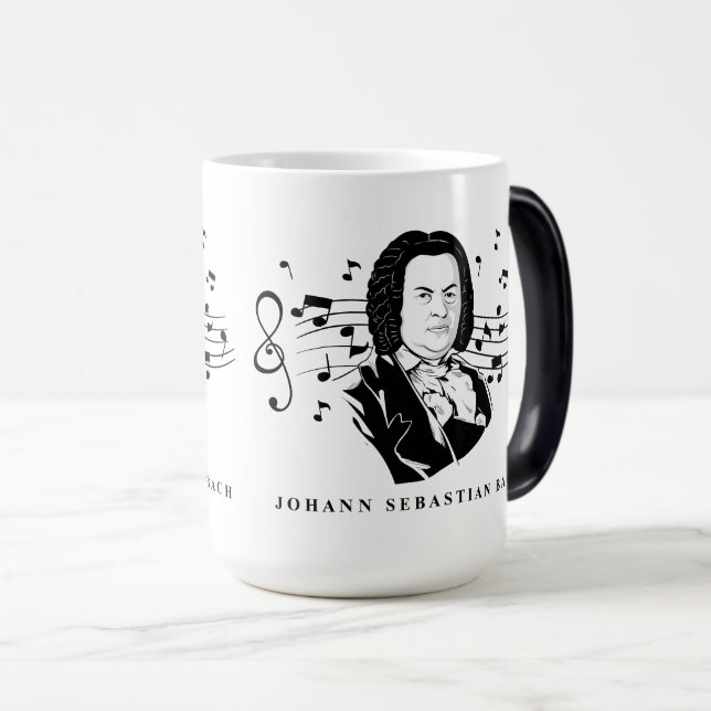 Johann Sebastian Bach Portrait and Bust with Notes Magic Mug (Front Right)