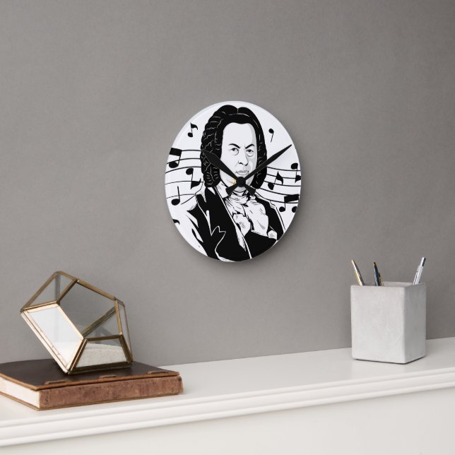 Johann Sebastian Bach Portrait and Bust with Notes Round Clock (Office)