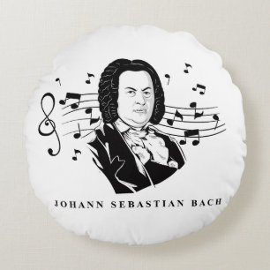 Johann Sebastian Bach Portrait and Bust with Notes Round Cushion