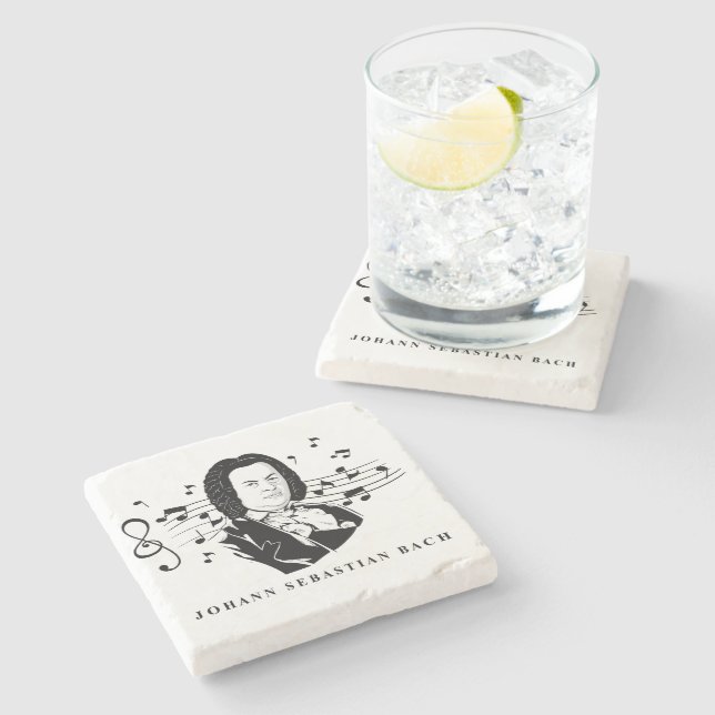 Johann Sebastian Bach Portrait and Bust with Notes Stone Coaster (Side)