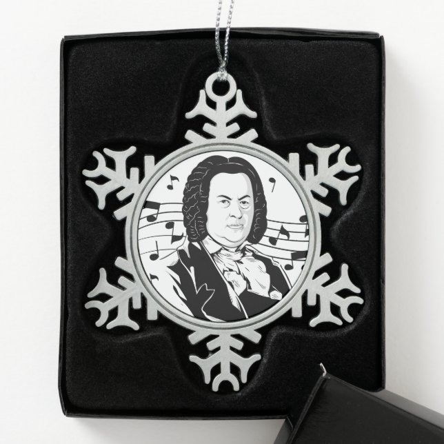 Johann Sebastian Bach Portrait / Bust with Notes Snowflake Pewter Christmas Ornament (Box)