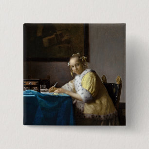 Johannes Vermeer - A Lady writing a Letter 15 Cm Square Badge